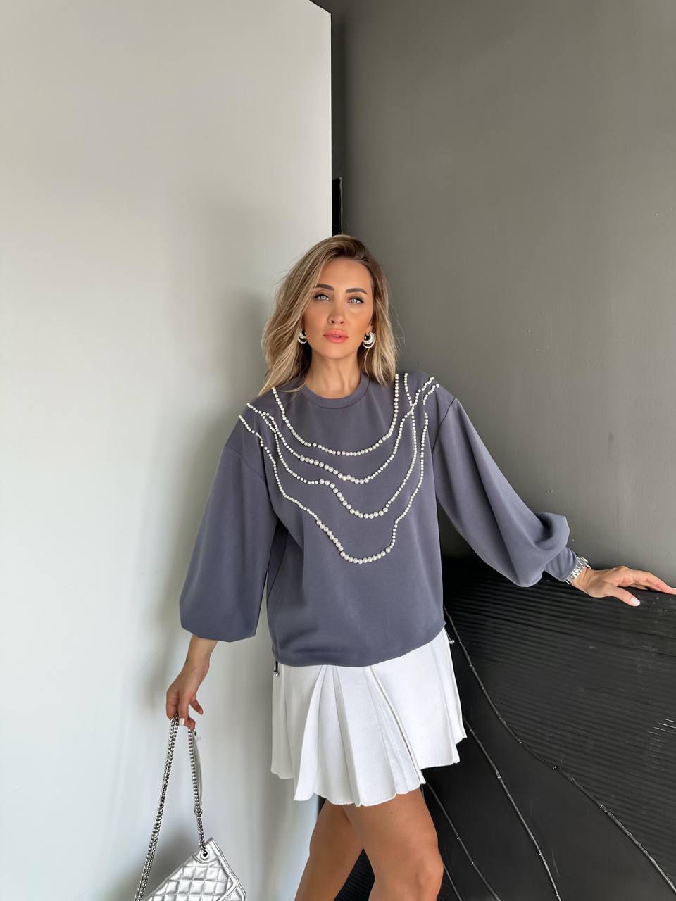 Kadın İnci Detaylı Oversize Sweatshirt