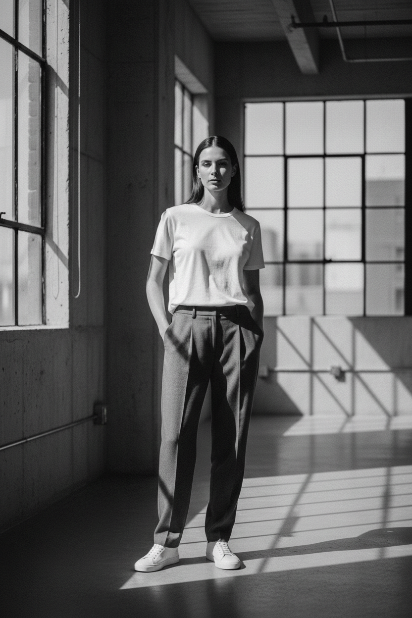 Ultra-realistic black and white fashion video.
A modern, confident woman wearing everyday streetwear and minimalist casual outfits.
No yoga, no pilates, no gym, no sports activity.
Natural walking or standing pose in an urban interior.
Calm, confident body language.
Soft cinematic lighting with deep shadows.
Highly detailed fabric texture and skin texture.
Luxury editorial fashion film aesthetic.
Timeless, premium, urban mood.
No logos, no text, no branding.
Shot on high-end cinema camera.
Shallow depth of 